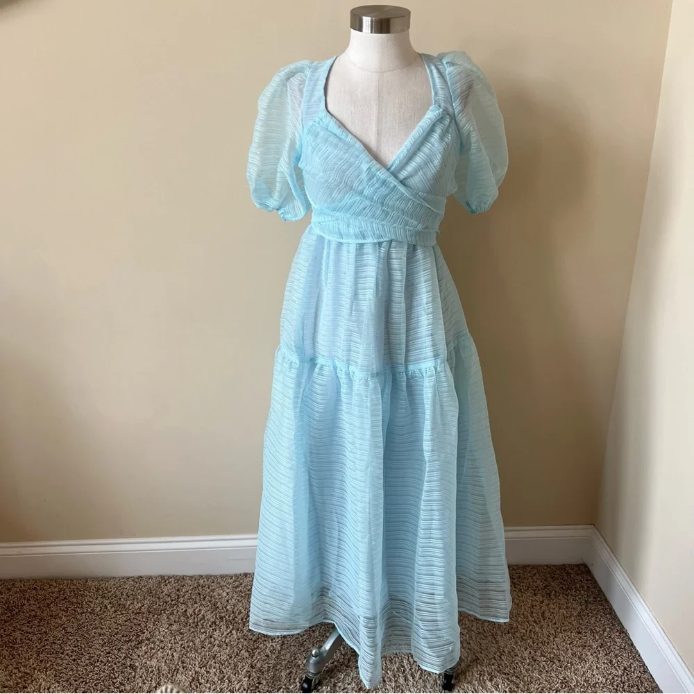 New! Free People Hailey puff sleeve dress sub zero blue organza 13213_3